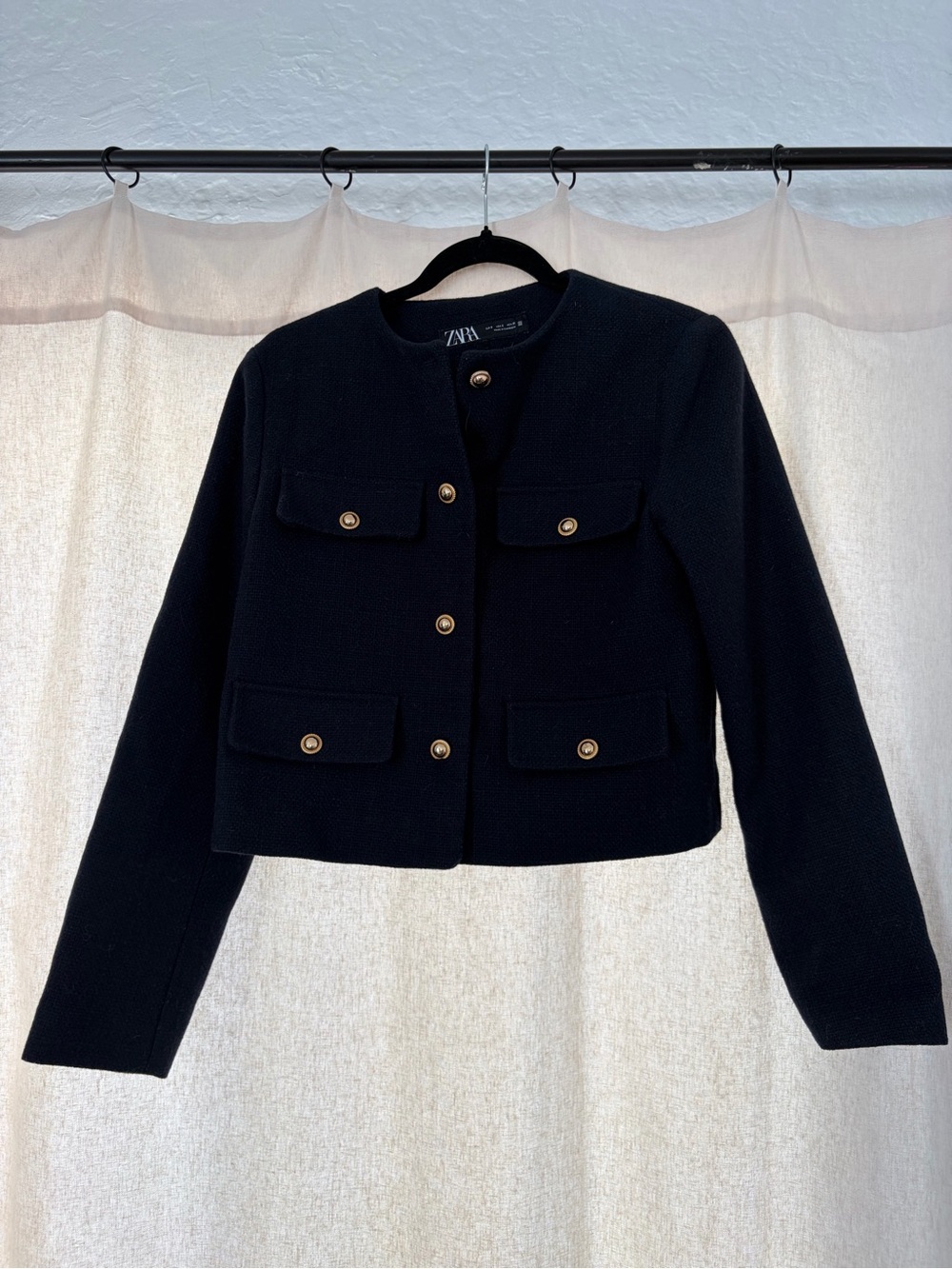Zara Black Cropped Boxy Blazer with Gold-Tone Buttons
